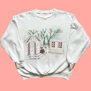 Vintage 90s Crewneck Garden Scene White Oversized Medium